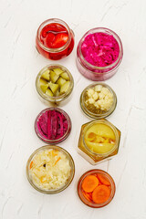 Assorted of fermented vegetables in glass jars