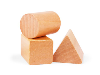 Photo of a wooden toy children's sorter with small wooden details in the form of geometric shapes (rectangle, square, circle, triangle), in different colors on a white isolated background