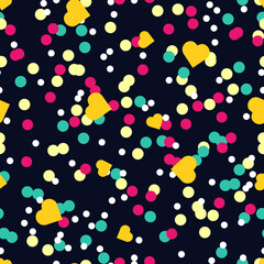 Seamless pattern with hearts and confettis. For wrapping paper, textile, packaging, cards. Vector pattern.