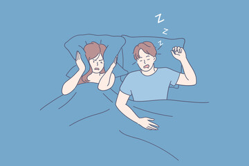 Snoring, insomnia, bad sleep concept. Annoyed stressed young woman cartoon character suffering from insomnia because of snoring man in bed and covering ears with pillow vector illustration, top view 