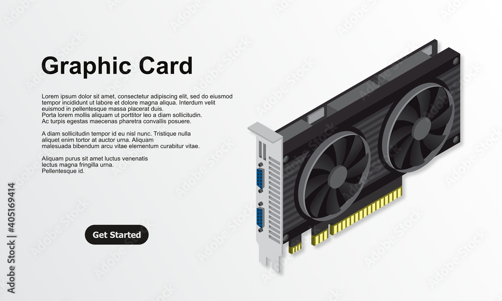 Poster 3d isometric video graphic card. video graphics card for cryptocurrency mining or gaming. personal c