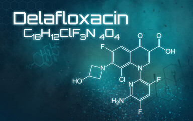 Chemical formula of Delafloxacin on a futuristic background