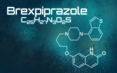Chemical formula of Brexpiprazole on a futuristic background