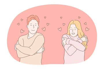 Love, dating, couple togetherness concept. Young loving happy couple cartoon characters standing with eyes closed, touching embracing shoulders and feeling love and tenderness illustration