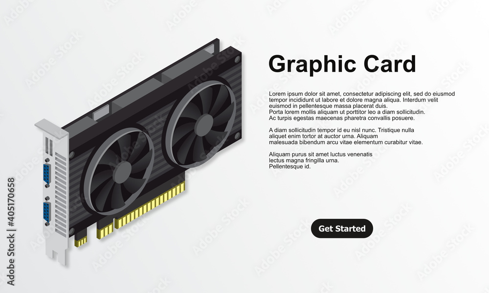 Poster 3d isometric video graphic card. video graphics card for cryptocurrency mining or gaming. personal c