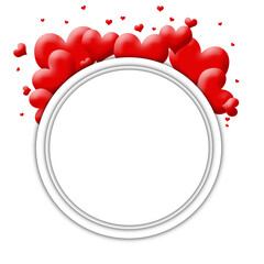 Round frame on a white background decorated with red hearts. February 14, Valentine's Day, wedding, Red hearts, holiday card, background with copy space.