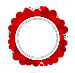 Round frame on a white background decorated with red flat hearts. February 14, Valentine's day, wedding, Red hearts, holiday card, background with copy space.