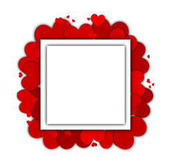 Square illustration on a white background with red hearts around the frame. February 14, Valentine's Day, wedding, Red hearts, holiday card, background with copy space.