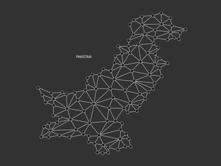 Pakistan Map Point scales on black background. Wire frame polygonal network white line, dot and shadow dot.