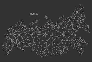 Russia Map Point scales on black background. Wire frame polygonal network white line, dot and shadow dot.