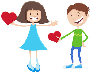 Valentine card cartoon with girl and boy characters