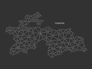 Tajikistan Map Point scales on black background. Wire frame polygonal network white line, dot and shadow dot.