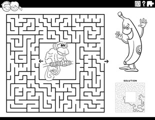 maze game with monkey and banana coloring book page