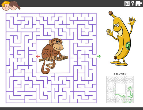 maze educational game with funny monkey and banana