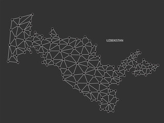 Uzbekistan Map Point scales on black background. Wire frame polygonal network white line, dot and shadow dot.