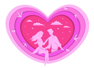 Delicate pink background for Valentine's Day. Loving couple in heart background for web banner postcards with birds and hearts. Vector illustration
