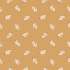 Christmas clothing seamless pattern with light mittens ornament. Beige background. Winter cozy print.
