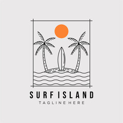 surfing island line art logo vector illustration design. minimalist paradise island outline symbol - obrazy, fototapety, plakaty