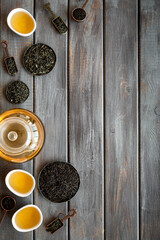 Asian tea ceremony with cups and teapot, top view