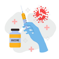 Vector set of doctor hand with medical glove holding syringe, bottle of vaccine COVID-19, defeated virus. Concept of vaccination, coronavirus, immunization