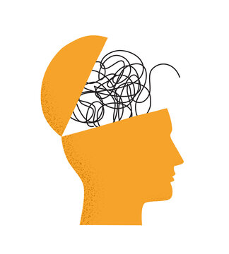 Vector illustration with human head silhouette with brain as tangled messy single line. Trendy concept of mental disorder, finding solution, chaotic thinking process, confused mind. Isolated on white