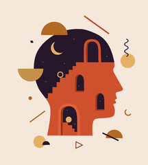 Vector illustration of abstract human head with stairs, doors, geometric shapes inside. Concept of thinking process, solving problems, searching solution, inner world of mind, brain, psychotherapy