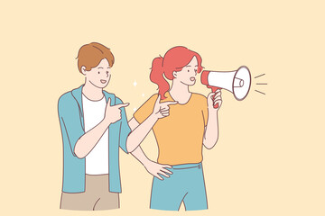 Promotion, Advertisement, announcement concept. Young smiling couple girl and boy cartoon characters standing and making announcement with speaker megaphone for attention vector illustration 