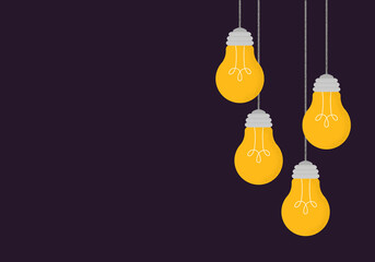 Vector illustration with hanging light bulbs. Background in cartoon style with trendy grain shadow. Concept of business, thinking, creativity, finding solution, idea.