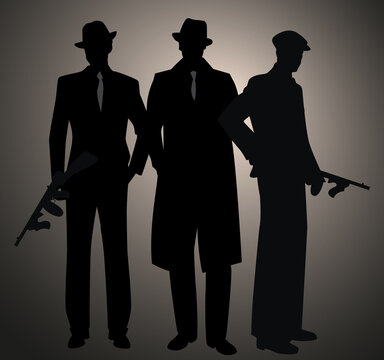 Three retro style men silhouettes, wearing hat and cap. Gangsters with submachine gun. Mafia. 1920s and 1930s style.