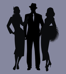 Elegant isolated silhouettes of ladies and gentlemen wearing classic film noir style clothes. - obrazy, fototapety, plakaty