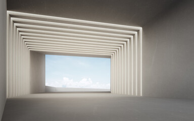 Abstract interior design 3D rendering of modern showroom. Empty floor and concrete wall with blue sky background.