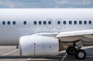 Close-up view of the aircraft fuselage at the international airport