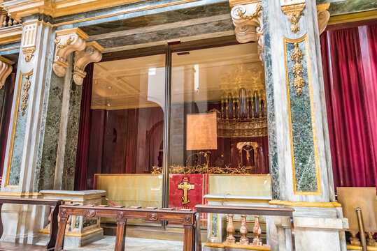 TURIN, ITALY - JULY 14, 2019: Turin Shroud (Italian: Sindone di Torino) is protected by bulletproof glasses in the the Cathedral of Turin, Italy.