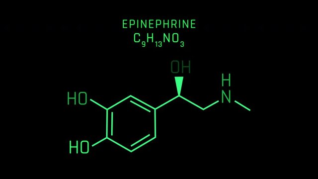 Epinephrine or Adrenaline Molecular Structure Symbol Neon Animation on black background