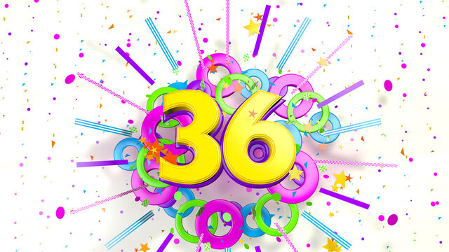 Number 36 for promotion, birthday or anniversary over an explosion of colored confetti, stars, lines and circles on a white background. 3d illustration