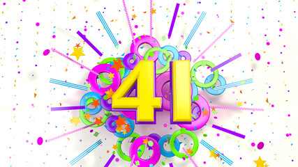 Number 41 for promotion, birthday or anniversary over an explosion of colored confetti, stars, lines and circles on a white background. 3d illustration - obrazy, fototapety, plakaty