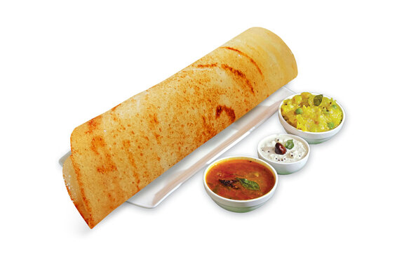 South Indian Masala Dhosa or dosa served with sambhar, coconut chutney, red chutney and green chutney, South Indian Breakfast