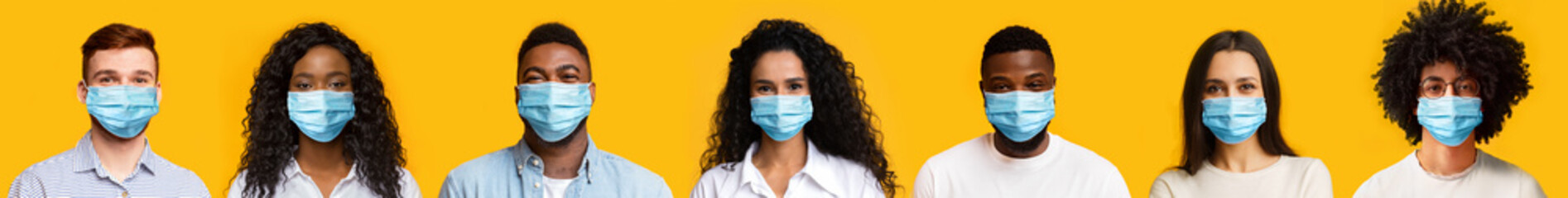 Collage of diverse young people in protective medical masks over yellow background