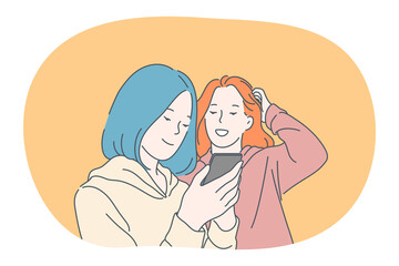 Smartphone, online communication, chatting concept. Young teen girls cartoon characters making photo on smartphone, chatting, searching information in internet, calling and communicating online