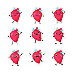  Cute heart  organs character set  in a flat cartoon style. Human organs person with the different emotions. Vector kawaii illustration isolated on white background