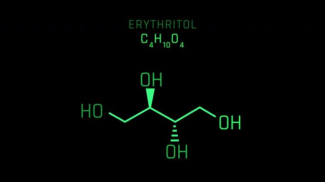 Erythritol or a sugar alcohol or polyol Molecular Structure Symbol Neon Animation on black background