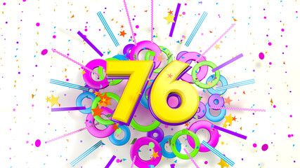 Number 76 for promotion, birthday or anniversary over an explosion of colored confetti, stars, lines and circles on a white background. 3d illustration