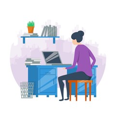 Vector flat style working from home concept. Woman sitting at the desk working on hers computer.