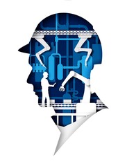 Automatic production conveyor belt with industrial robotic arms, worker inside of human head in helmet silhouette. Vector illustration in paper art style. Robotic industry, plant automation technology