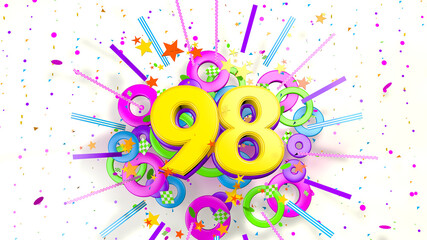 Number 98 for promotion, birthday or anniversary over an explosion of colored confetti, stars, lines and circles on a white background. 3d illustration - obrazy, fototapety, plakaty