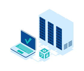 Open laptop and server rack isolated isometric vector icon