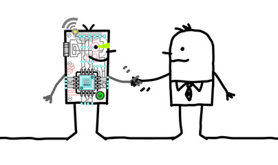 Cartoon Robot and Businessman meeting and Shaking Hands