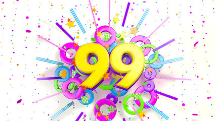 Number 99 for promotion, birthday or anniversary over an explosion of colored confetti, stars, lines and circles on a white background. 3d illustration