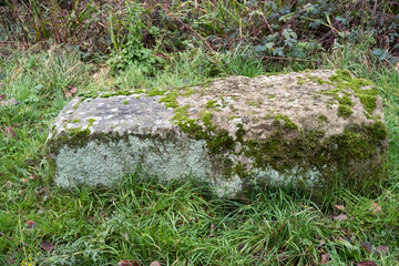 Old fallen stone pillar covered in moss