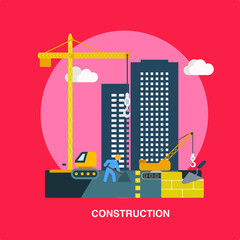 construction work flat icon design with buildings heavy machine workers road transport vehicles